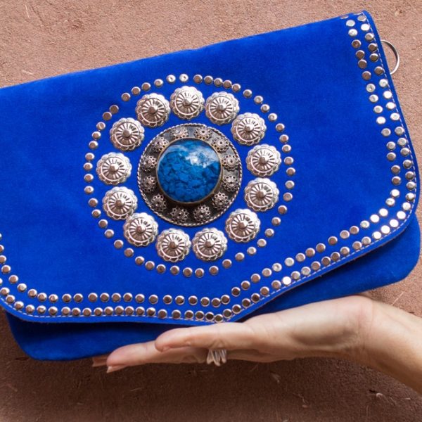 Women handbag bag handmade in leather and suede handmade by our artisans in Morocco with rock studding brand flo and jouls